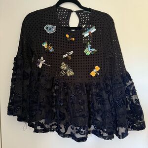 Sz Small Black and Blue Lace Top with Embroidered Insects